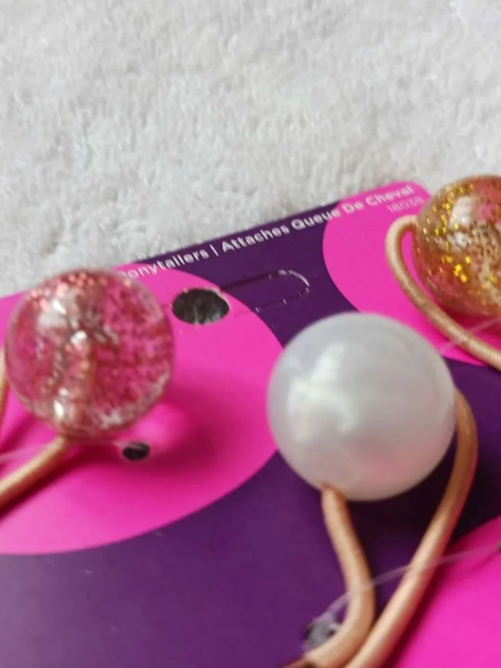3 Goody Ouchless Twin Bead Ponytailer Elastic Hair Bands Pink Gold Glitter Pearl